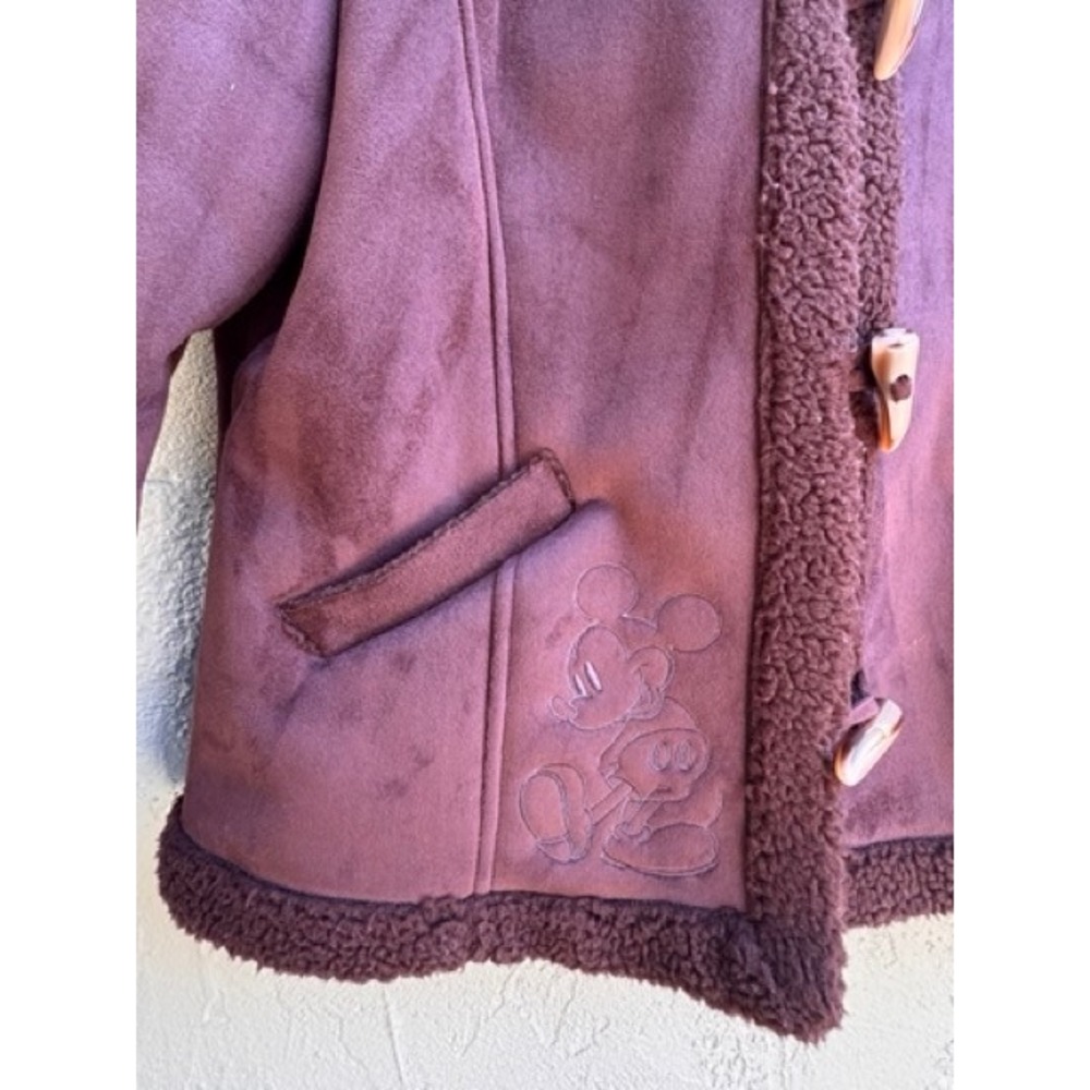 Disney Womens Brown Faux Suede Mickey Sherpa Jacket LARGE Embroidered Cozy - Picture 6 of 9